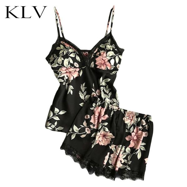 

women summer imitation silk 2pcs pajamas set eyelash lace trim vintage floral padded camisole wide leg shorts babydoll sleepwear, Blue;gray