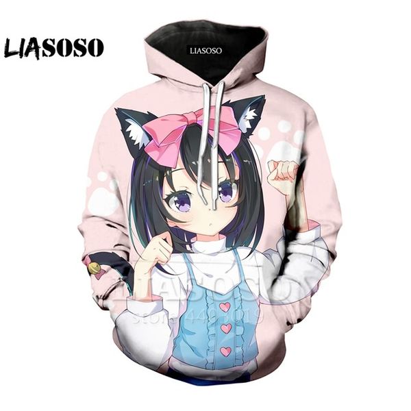 

3d print new anime clothes men women cat girl hoodie sweatshirt hip hop cartoon funny cute hooded sweatshirt fasion coat, Black