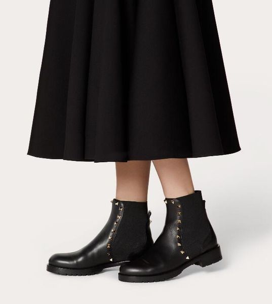 

women ankle boots slip on famous rock studs luxury designer women booties flats perfect booty with box,eu35-43, Black