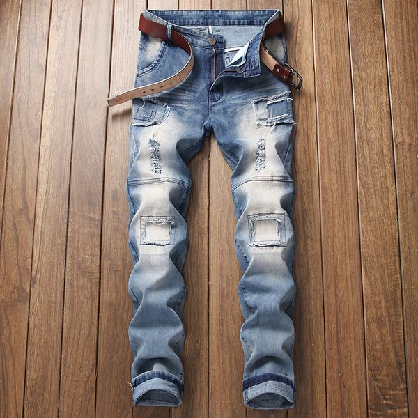 

mens designer hole-piercing motorcycle light blue tide straight slim jeans