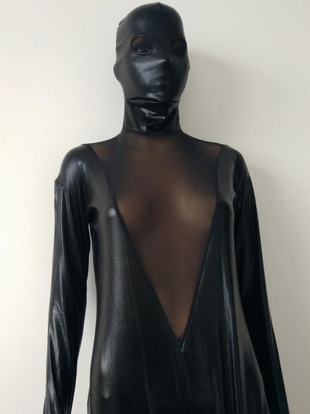 

fashion black metallic with v-type mesh full bodysuit zentai lycra spandex zentai body suit headless fancy dress catsuit