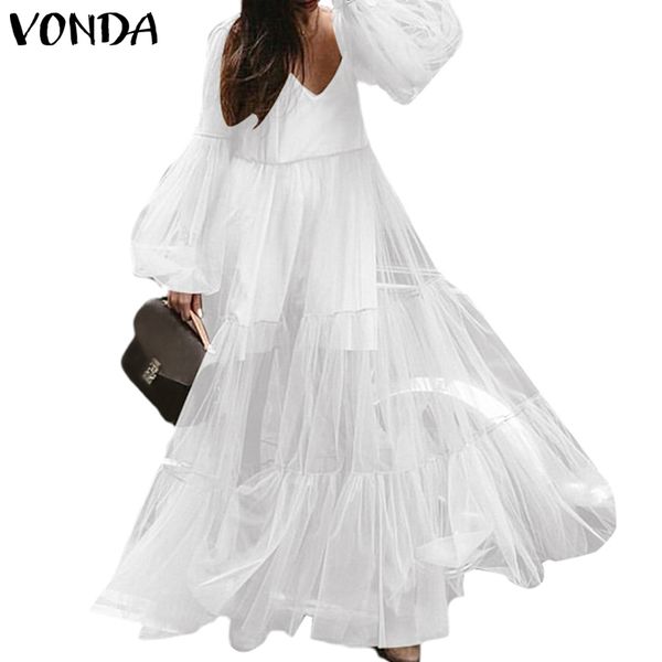 

vonda 2019 фонарь с длинным рукавом платье осень сексуальное v-образным вырезом с высокой талией макси бальные платья белый черный длинный п, Black;gray