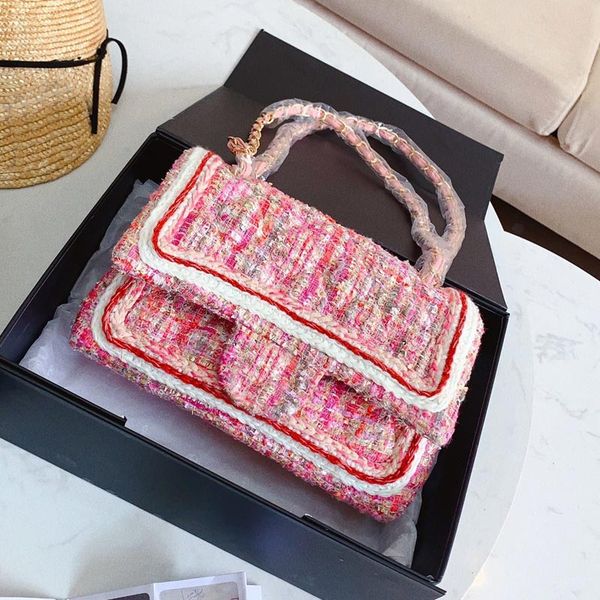 

crossbody bag handbags tote bag fashion tweed patchwork color woven fabric women chain purse messenger bags