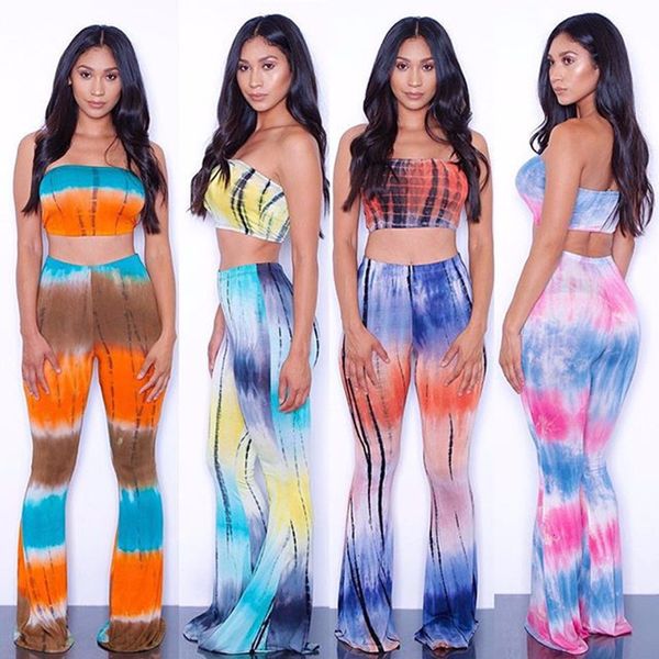 

плюс summer размер 2 piece set женщины criss cross tie dye flare set бинты crop top wide leg брюки женская одежда set, White