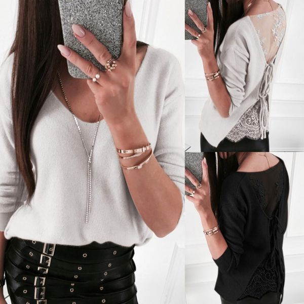 

and shirt women clothing v neck lace patchwork bandage backless long sleeve women blouse, White