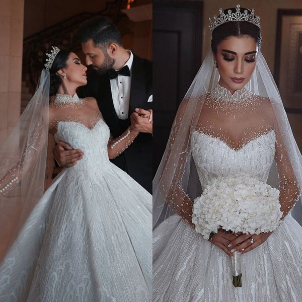 

gorgeous a line wedding dresses sheer neck long sleeve appliques beads sequins lace plus size wedding dress sweep train robes de mariÃ©e, White