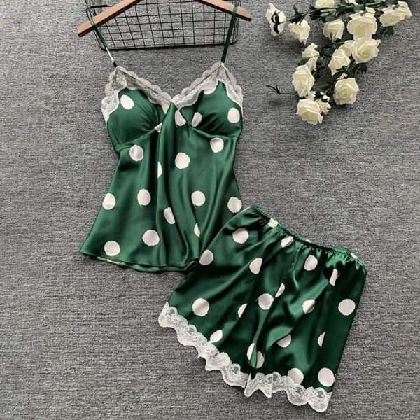 

silk pajamas underwear lace camisole shorts set v-neck lingerie women s-xxl polka dots print sleeveless pajama sets #yj, Black;red
