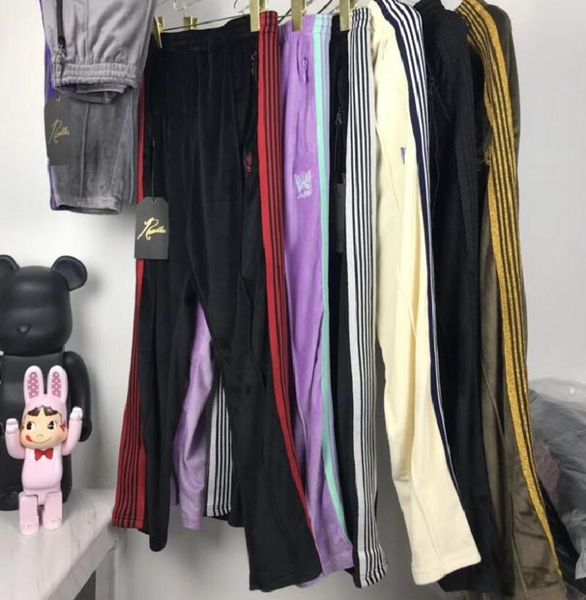 

2020ss a$ap rocky awge needles butterfly embroidery sweatpants men women striped joggers velvet pants sweatpants, Black