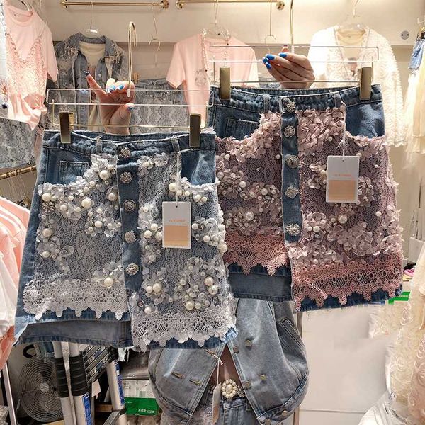 

lace denim skirt for women 2020 spring and summer new studded beaded flowers crochet stitch high waist jeans skirt jean skirts, Black