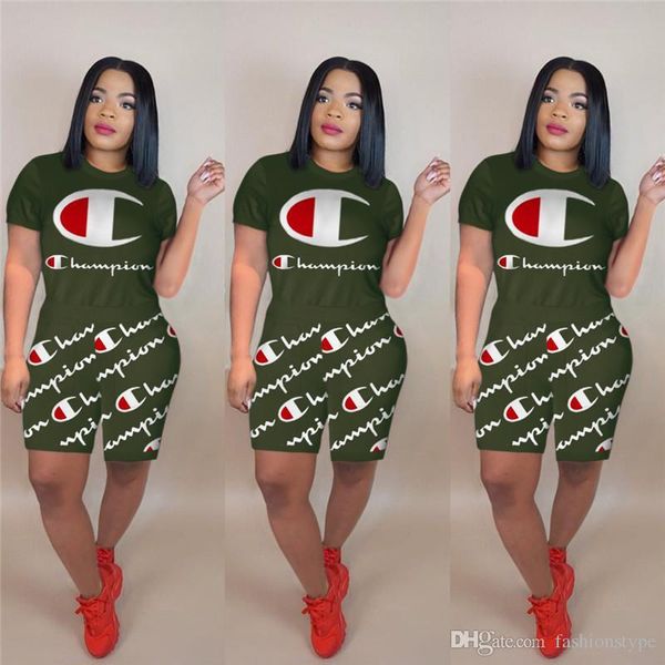 

champions letters short tracksuit fashion champ women summer clothing suit printed t-shirt +shorts 2pcs sets casual outfits gym suit, White