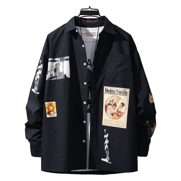 

2019 autumn new men's print long sleeve shirt men korean version ins tide models hip hop loose personality shirt men 50cs, White;black