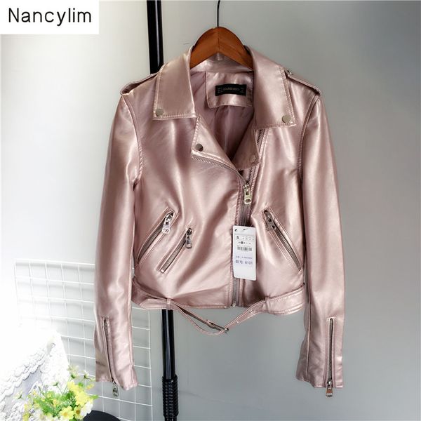 

metal bright leather jacket for women locomotive leather short jacket lady slim jackets spring autumn faux coat, Black