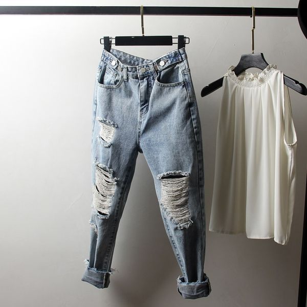 

women vintage boyfriend hole jeans high waist loose ripped jeans straight streetwear plus size 4xl denim pants, Blue