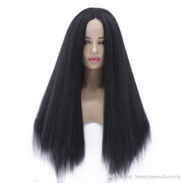 Kinky Straight Natural Black Long Fiber Hair Lace Front Wig For