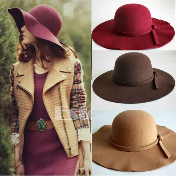 

fashion women fedoras wide brim felt hat with bowknot bowler floppy wool sun caps, Blue;gray