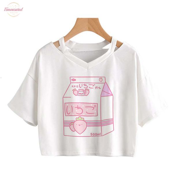 

new womens t shirt summer v neck harajuku short tee love heart milk box printed short sleeve crop strawberry fashion, White