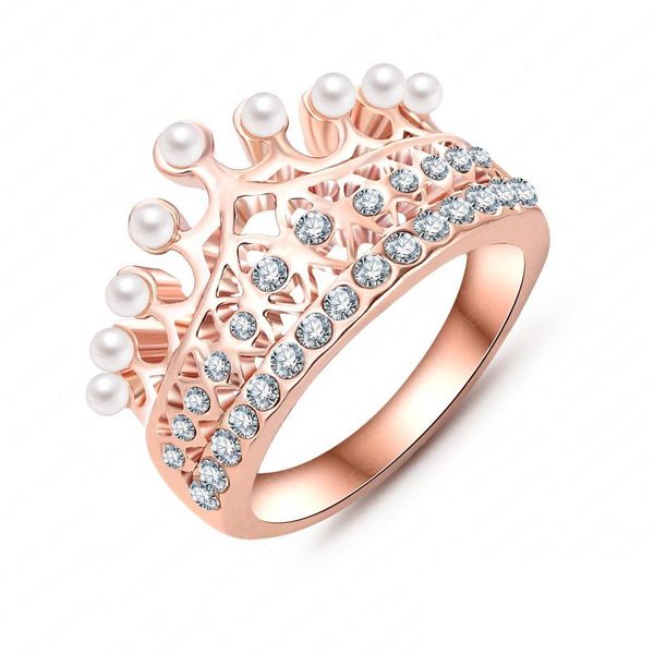 

princess crown ring 18k rose gold plate made with austrian crystal & pearl ball luxury elgent women ring wholesale ri-hq0375-a, Silver