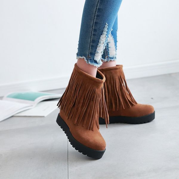

ladies ethnic winter flock tassel mid-calf round toe high increasing snow boot women pumps flat botas fashion shoes woman, Black