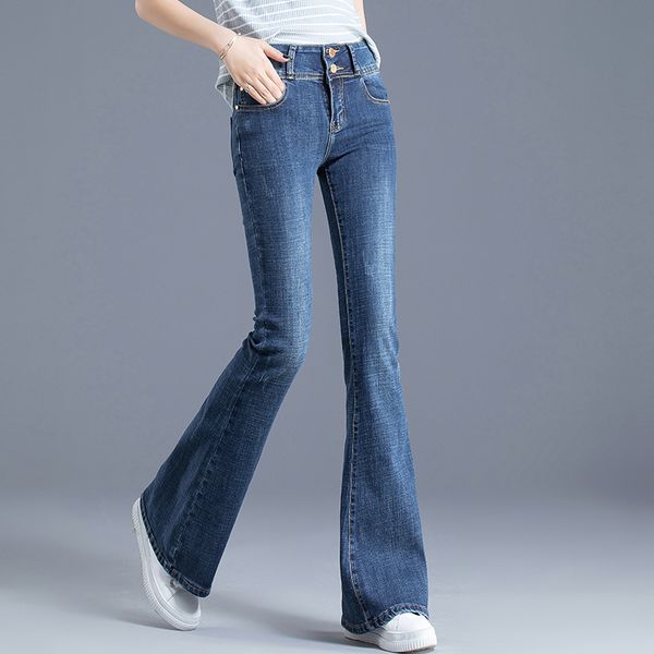 

women's jeans spring autumn slim mid waist flare pants full length jeans n0201, Blue