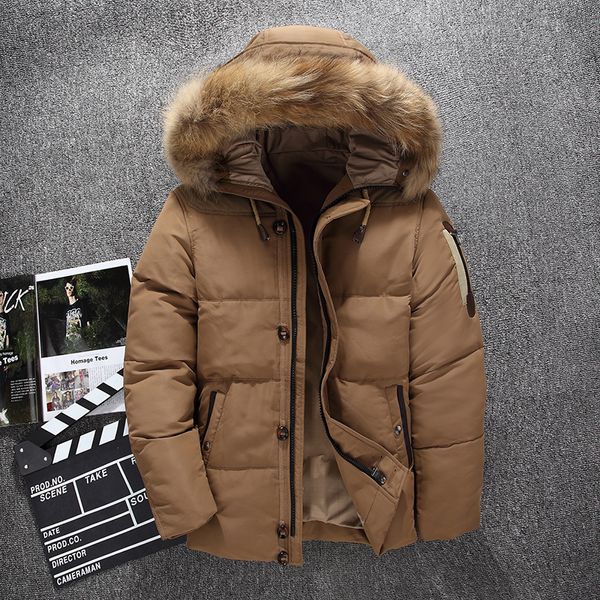 

new men winter thickening windproof big fur collar hooded down jacket fashion brand solid color thick warm man cargo outwear, Black