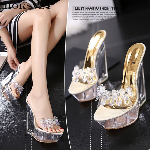 

women party ctystal sandals walk snow glass crystal wedge slippers non-slip platform style ultra-high-heel sandals lfd, Black