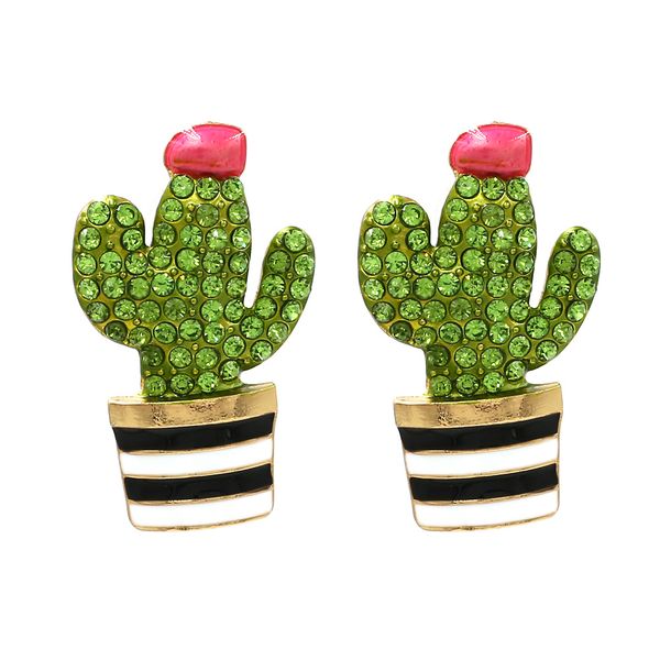 

european and american fashion hand-painted colored glaze cactus with drill earrings cute alloy oil dripping flower earrings, Golden;silver