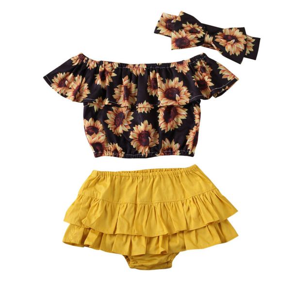 

baby girl 3pcs summer outfit set clothes, sunflower crop +ruffle tutu short with headban 0-24months, White