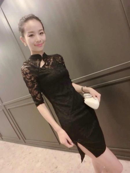 

2019summer lace women cheongsam asian bride wedding evening party dresses hollow out mandarin collar qipao prom mesh dress gown, Red