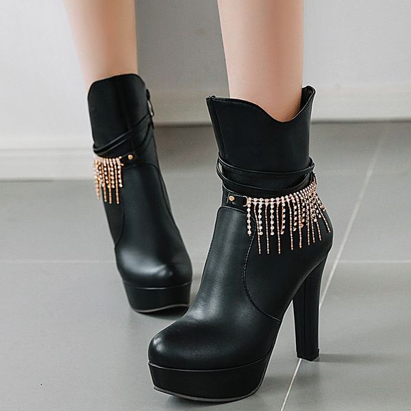 

rimocy super high heels ankle boots for women fashion crystal decoration platform shoes woman warm plush waterproof botas mujer, Black