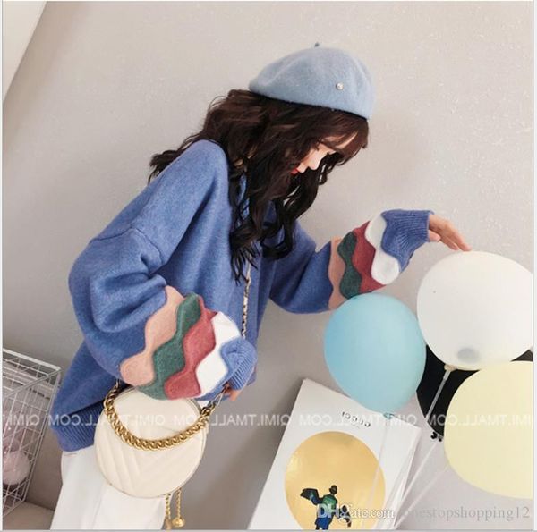 

european and american early autumn 2019 new loose foam sleeve color sleeve knitted sweater women's pullover jacket women's jacket, White;black