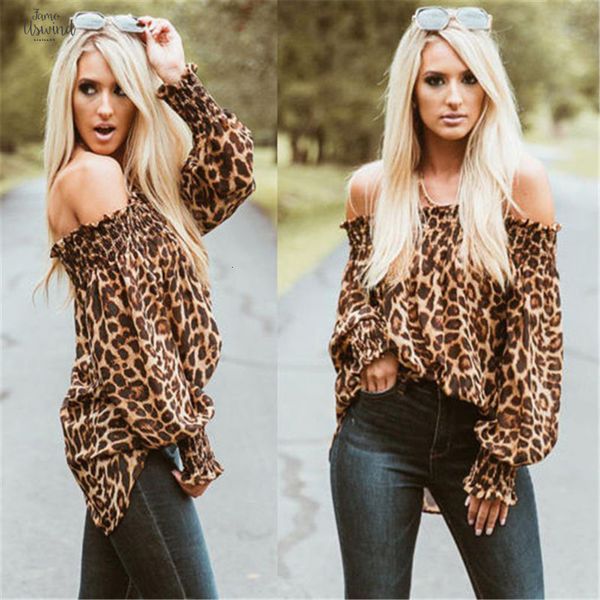 

casual women blouses leopard print slash neck long sleeve chiffon button shirt for down party drop shipping, White
