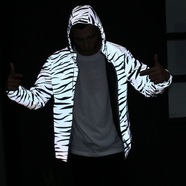 

2019 men jacket hip hop windbreaker reflective jacket zebra stripe fluorescent coat hooded couples thin hoodie cardigan, Black;brown