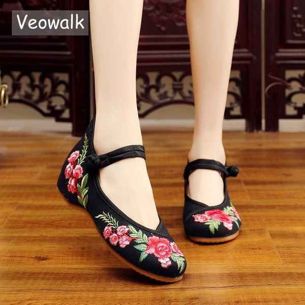 

veowalk handmade women's vintage embroidered canvas ballet flats ladies comfortable chinese ballerinas women embroidery shoes, Black