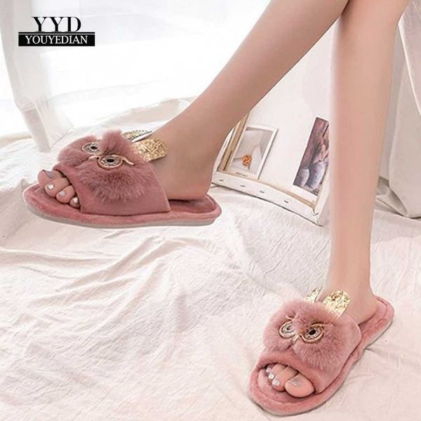 

women fur plush slipper winter bling warm heart soft home slippers indoors floor bedroom flat-bottomed sequins cute shoes #1-2, Black