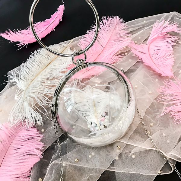 

fashion transparent round women handbags chain shoulder bag metal ring totes ladies evening bag clutches purse