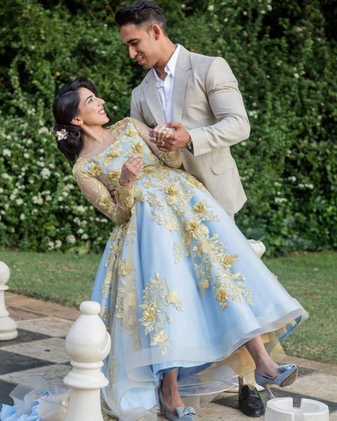 

light blue and gold embroidery hi lo wedding dresses 2020 illusion lace long sleeves hand made flowers bateau south african bridal dress, White