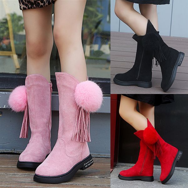 

pink winter fashion rubber boots for girls tassels long kids boots children knee-high warm cotton soft back-tied 27-37, Black;grey