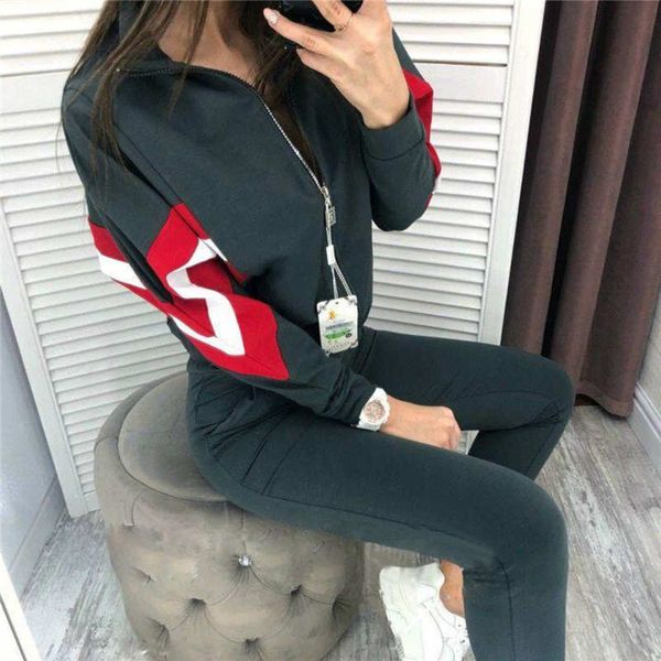 

осень зима моды женщин случайные спортивный костюм на молнии куртка + брюки хлопка outwear конструктора женщин tracksuit толстовка женский д, Gray