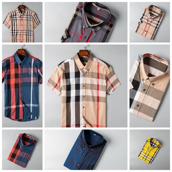 

2019 brand men's business casual shirt, short sleeve stripe tight, business t-shirt new fashion men's plaid shirt-3, White;black