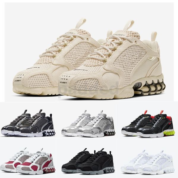 

new stussy spiridon cage 2 running shoes pure platinum lemon venom triple white metallic silver varsity red women men sports sneakers, White;red