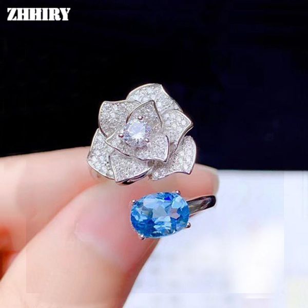 

zhhiry подлинная природных голубой топаз кольцо 925 серебряное кольцо для женщин real 6 * 8 мм gemstone формы цветка изящных ювелирных издел, Golden;silver