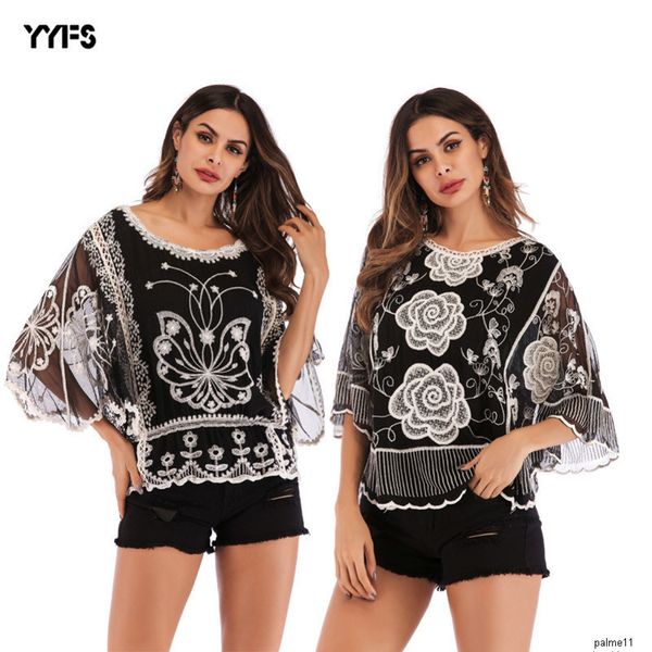 

женские дизайнерские рубашки вышитые семь точка рукава летучая мышь кружева свободные шею футболку женщин, White