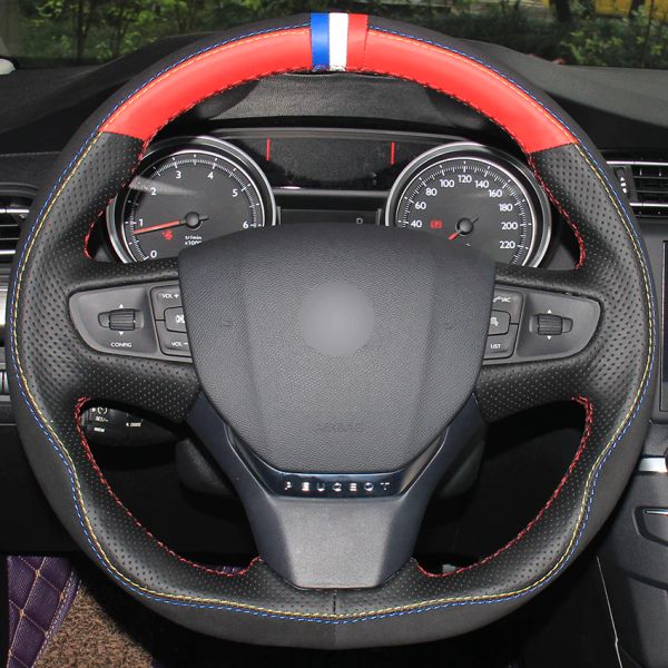 

black red natural leather black suede blue white red marker car steering wheel cover for peugeot 408 2014 2015
