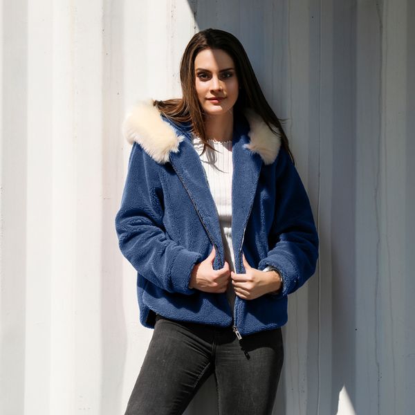 

2019 новый искусственный мех пальто с капюшоном высокой талией женская мода тонкий синий красный хаки куртка из искусственного меха дамы теп, Black