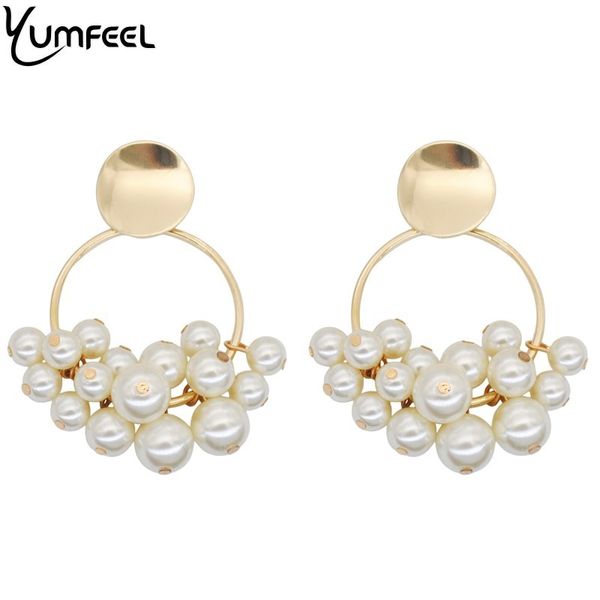 

yumfeel style drop dangle earrings round circle metal string imitation pearl earring women fashion jewelry gift wholesale, Golden