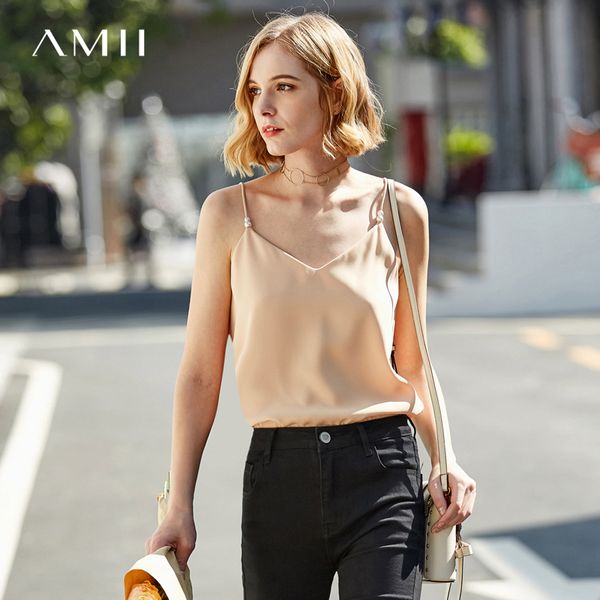 

amii summer women v образным вырезом sexy tank fashion solid pearl шифоновая блузка без рукавов женские топы 11920025, White