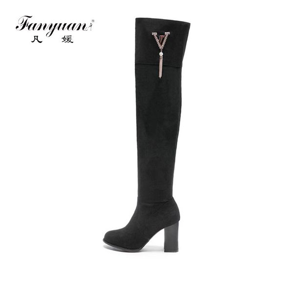 

fanyuan fashion nubuck knee-high boots slim round toe square heel boots winter solid zip fringe crystal casual long, Black
