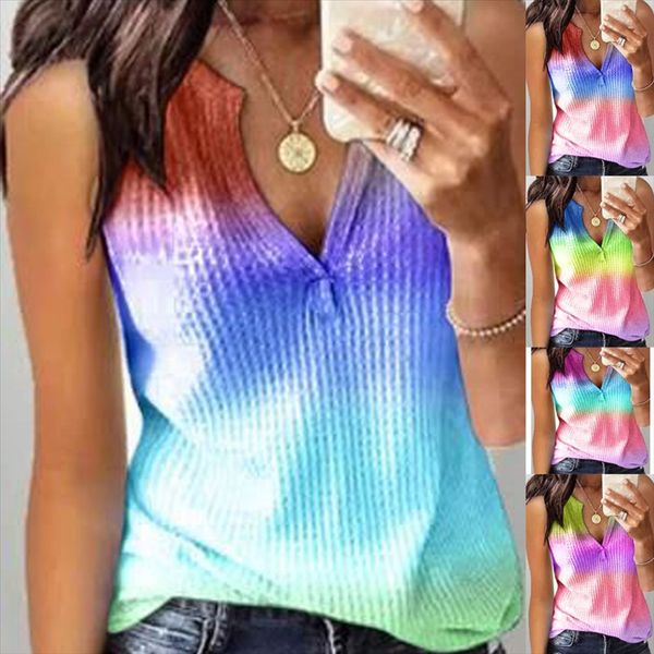 

2020 women's tie-dyed colorful printed v-neck sleeveless knitted 2020 women's t-shirt tie-dyed colorful printed v-neck sleeveless, White