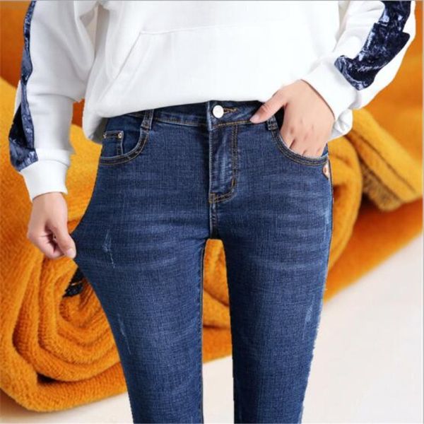 

wkoud women jeans 2018 winter fall denim trousers thicken warm high waist pencil pants female skinny jeans pants plus size p8558, Blue