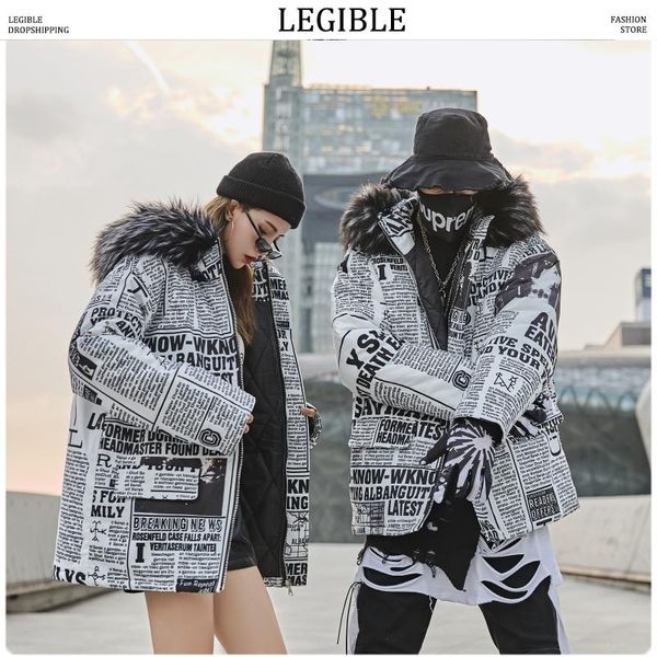 

разборчивые мужчины женщины мода газета печати куртка парки мужские 2019 толстые теплые зимние пальто парка мужской мех с капюшоном winderbr, Black